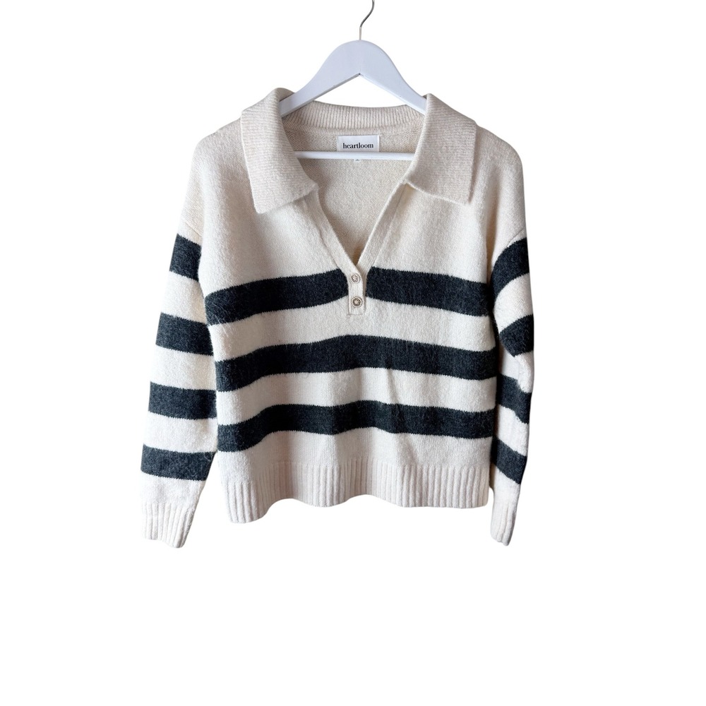 Heartloom Womens‎ Striped Collared Knit Sweater Cream Grey Pearl Button Size M